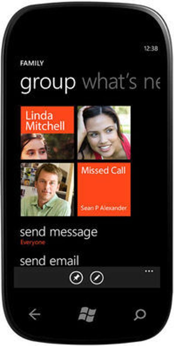 Gruppe-funksjonen hvor man kan sende meldinger og se statusoppdateringer fra en gruppe med kontakter i én og samme tile. <i>Bilde: Microsoft</i>