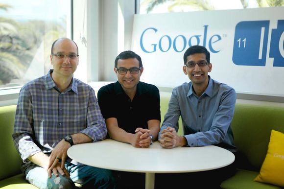 Tre av Googles ledende teknologisjefer i forkant av Google IO 2011. Fra venstre Andy Rubin, Vic Gundotra og Sundar Pichai <i>Bilde: Google</i>