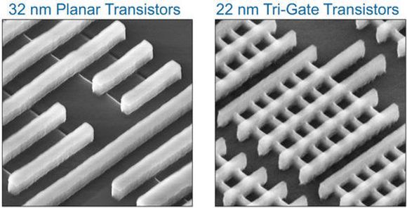 Mikroskopbilde av 32 nm planartransistorer og 22 nm Tri-Gate-transistorer. I bildet til høyre går portene fra nederst til venstre og opp mot høyre, mens finnene går fra øverst til venstre og mot det nederste, høyre hjørnet. <i>Bilde: Intel</i>