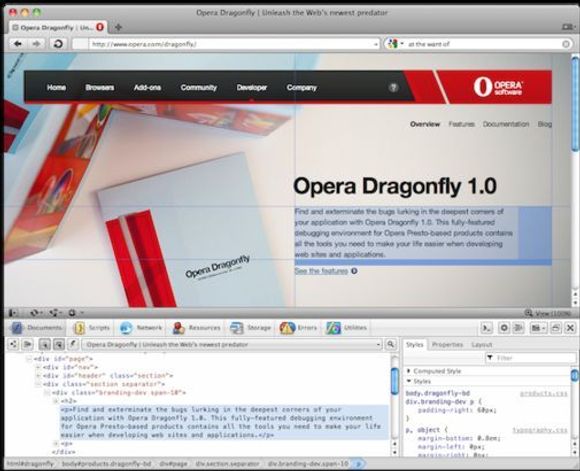 Utviklerverktøyet Opera Dragon er tett integrert med Opera-nettleseren. <i>Bilde: Opera Software</i>