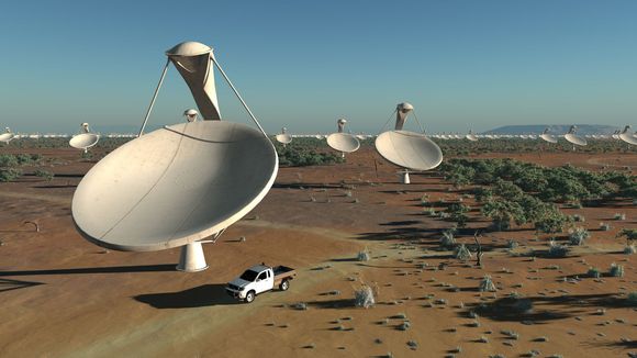 SKA-anlegget skal bestå av blant annet 3000 slike antenner, som hver har en diameter på 15 meter. <i>Bilde: SKA Organisation/Swinburne Astronomy Productions</i>