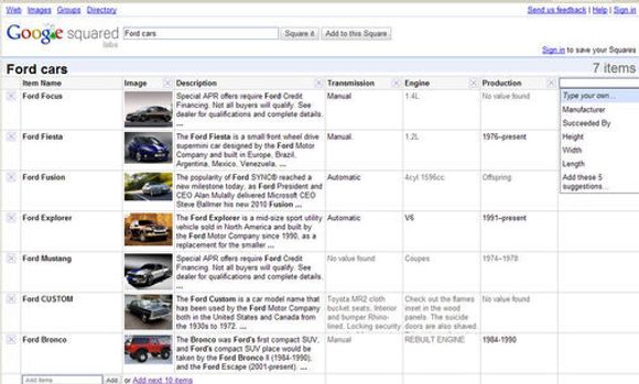 Søk etter biler fra Ford i Google Squared.