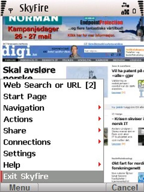 Menyvalgene i Skyfire 1.0 på en Nokia-mobil.