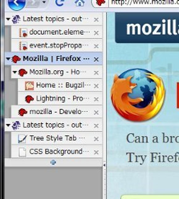 Tree Style Tab viser de åpne sidene i sidefeltet i Firefox.