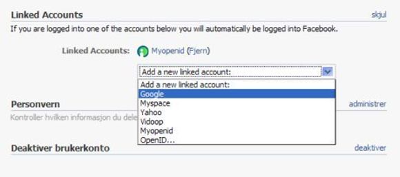 Innstillinger for å knytte Facebook-kontoen til brukerkontoer ved andre tjenester eller til OpenID