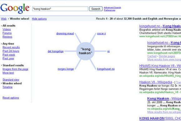 Nye filtreringsmuligheter i Googles søk. Her vises &quot;Wonder Wheel&quot;.