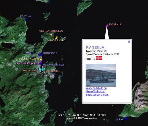 Posisjonsinformasjon om skip fra Marine Traffic vist i Google Earth. Her med mer informasjon om kystvaktskipet KV Senja, som i skrivende stund lå utenfor Harstad.