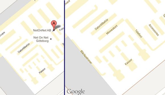 Oppløsningen og detaljnivået i webutgaven er betydelig lavere enn i Android-utgaven. Her ser man et utsnitt av gulvplanen til NetOnNet i Gøteborg. Utsnittene viser omtrent det samme arealet, men Android-utgaven av kartet (til høyre) er langt mer detaljert, selv om det her vises med halvvert oppløsning. Kartet til venstre er fra webutgaven av Google Maps hvor vi har zoomet så langt inn som det går. <i>Bilde: Google Maps/digi.no</i>