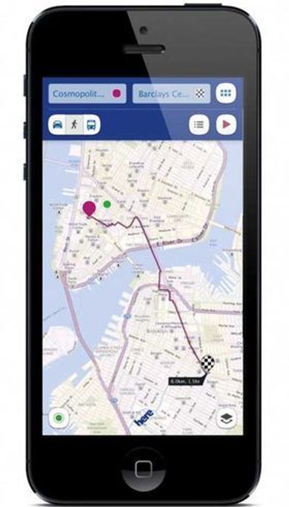Nokia Here-appen til iOS. Her vises navigasjon for fotgjengere. <i>Bilde: Nokia</i>