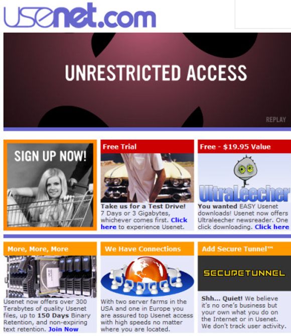 Hjemmesiden til Usenet.com i oktober 2007. Legg merke til rubrikken merket &quot;secure tunnel&quot;. I dagens utgave er den erstattet med en mer diskret reklame for SSL og personvern.