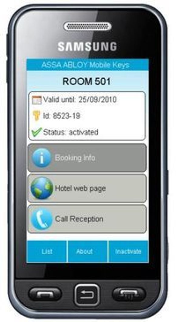 Dital hotellromnøkkel på Samsung-mobil med NFC-støtte. <i>Bilde: Vingcard Elsafe</i>