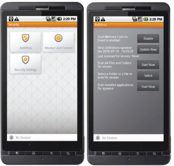 Junos Pulse Mobile Security Suite på Android, hovedmenyen til venstre, antivirusmodulen til høyre.