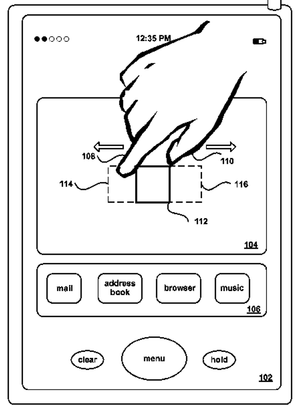 Illustrasjon fra Apple-patent relatert til multitouch og pinch-to-zoom.