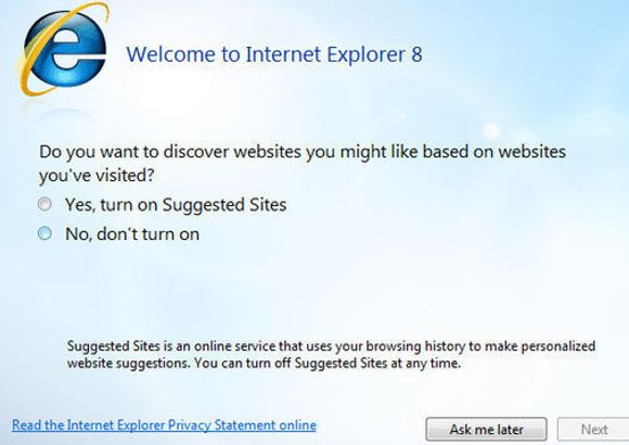 IE8 oppstartsvalg for Suggested Sites.