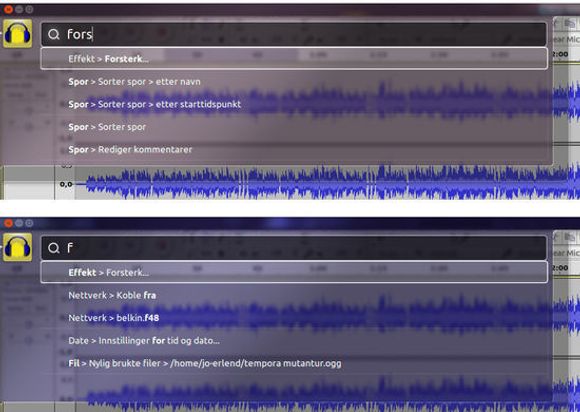 HUD-grensesnittet i lydredigeringsprogrammet Audacity. Bildene viser hvor mye en bruker må skrive for å få fram riktig valg når brukeren nettopp har tatt i bruk systemet (øverst) og når systemet har lært brukeren å kjenne (nederst). <i>Bilde: Jo-Erlend Schinstad</i>