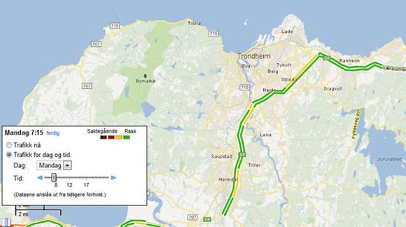 Normale trafikkforhold i Trondheim klokken 7.15 mandag morgen ifølge Google Maps. Visse strekninger er preget av litt mer saktegående trafikk enn det som er vanlig på andre tider av døgnet. <i>Bilde: Google Maps</i>