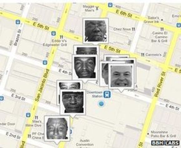 De tretten hjemløse spores i sanntid på et kart fra nettsidene til Homeless Hotspots. <i>Bilde: BBH Labs</i>