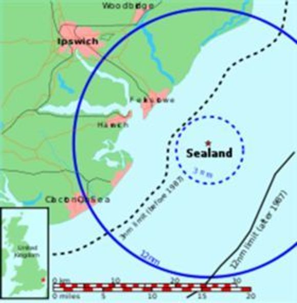 Sealand er så vidt mer enn seks sjømil fra kysten utenfor Ipswich.