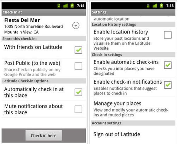Personverninnstillinger for Google Latitude-innsjekkingen på Android. <i>Bilde: Google</i>