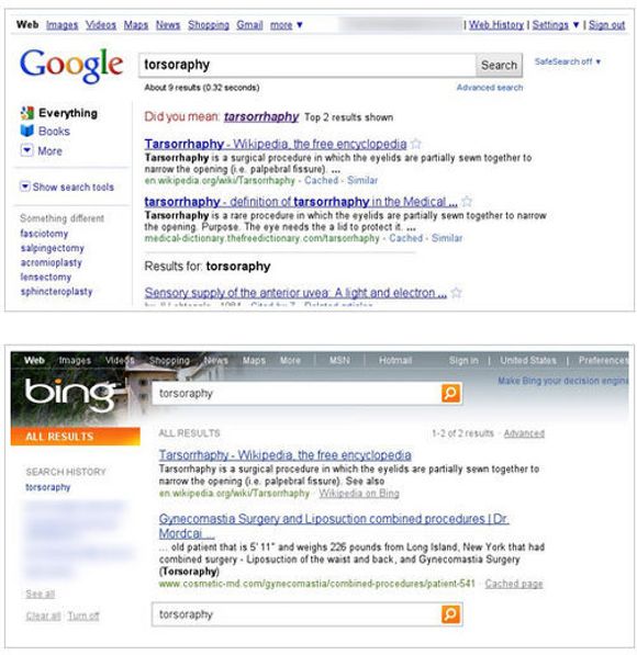 Sammenligning av resultatene i Google Search og Bing ved søk etter &quot;torsoraphy&quot;. På grunn av omtalen av denne saken ser søkeresultatene helt annerledes ut nå. <i>Bilde: Google</i>