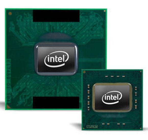 Intel Core 2 Duo prosessor i S-serien (foran) for bærbare PC-er med liten formfaktor, sammenlignet med en vanlig  Intel Core 2 Duo-prosessor (bak).