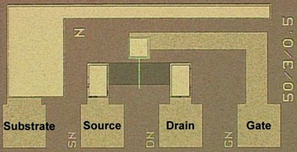 Optisk mikroskopisk bilde av FeFET for Fe-NAND flashminne. Portlengden og bredden er henholdsvis 3 og 50 µm.