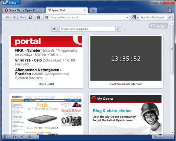 Klokken som vises er en utvidelse til Speed Dial. Slike utvidelser er en nyhet i Opera 11.50.