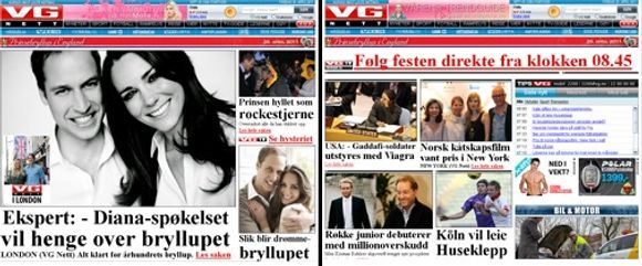 VGs forside med og uten prinsefilter.