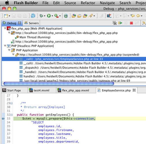 Integrert debugging i Adobe Flash Builder 4.5 for PHP <i>Bilde: Adobe</i>