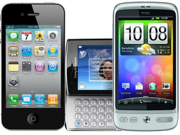 Tre av de mest populære smartmobilene i NetComs salgskanal i mars 2011: Apple iPhone 4, SonyEricsson Xperia X10 mini pro og HTC Desire.