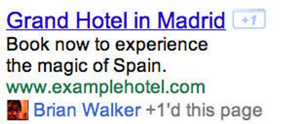 Slik vil det se ut når en person har klikket på +1-knappen ved en tekstannonse levert av Google. <i>Bilde: Google</i>