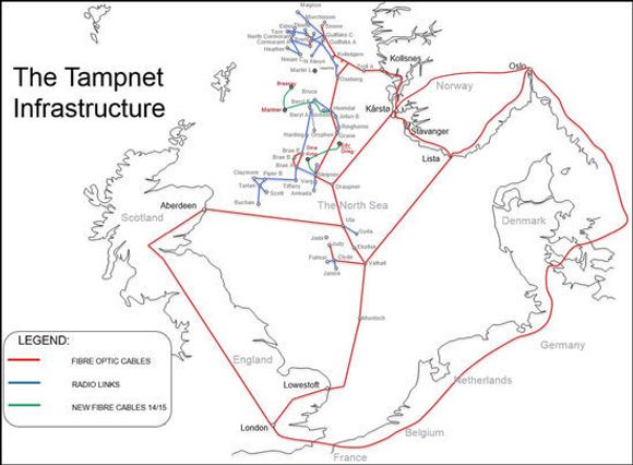 Tampnets fiber strekker seg fra Norge til England og Skottland via norsk sokkel. <i>Bilde: Tampnet</i>
