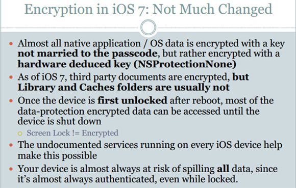 Så lenge telefonen ikke er avskrudd kan de fleste krypterte data hentes ut fra iPhone, det hjelper ikke med tastelås. Udokumenterte tjenester som kjører på alle iOS-enheter gjør dette mulig, ifølge Zdziarski. <i>Bilde: Jonathan Zdziarski</i>