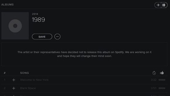 Taylor Swifts nyeste album er ikke tilgjengelig på Spotify, og tjenesten skjuler ikke misnøyen sin. <i>Bilde: Skjermbilde</i>