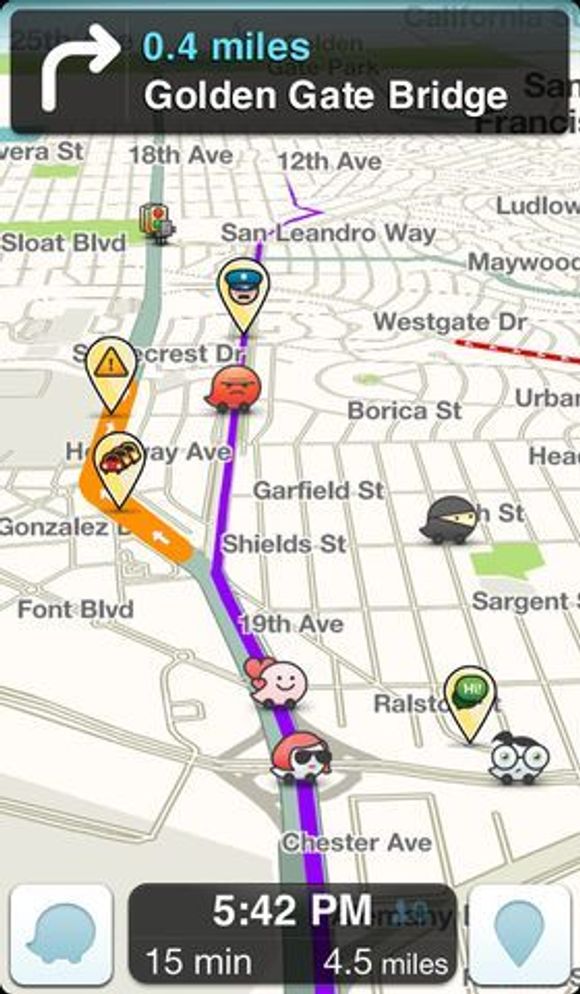 Waze-applikasjonen viser på kartet hvor det finnes ulike hindringer i veien, inkludert politikontroller og kø. <i>Bilde: Waze</i>