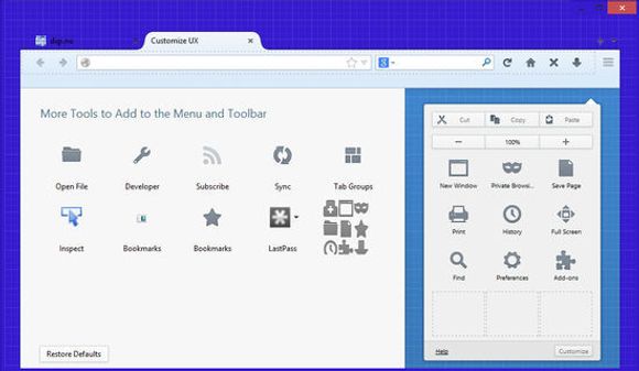 Testversjonen av det som etter hvert skal bli Firefox 25, har et omfattende brukergrensesnitt for tilpasning av nettopp brukergrensesnittet til nettleseren. <i>Bilde: digi.no</i>