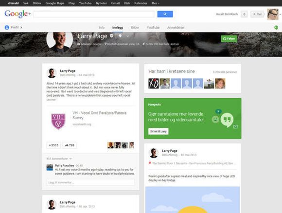 Google+-profilen til Larry Page etter redesignen. Her vist med to spalter. <i>Bilde: digi.no</i>