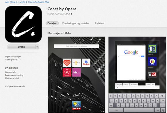 Coast by Opera er produktets fulle navn. Her ser vi skjermbilder av hjemskjermen og det kombinerte søke- og adressefeltet. Nettleseren ble utgitt i App Store til iPad nå for bare noen minutter siden.
