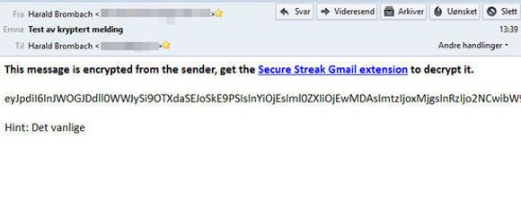 Slik ser den krypterte e-posten ut for mottakeren, her i en ekstern e-postklient. Dersom e-posten er sendt til en annen e-postadresse enn den til en Gmail-konto, kan meldingen videresendes til mottakerens Gmail-konto og åpnes der. <i>Bilde: Harald Brombach</i>