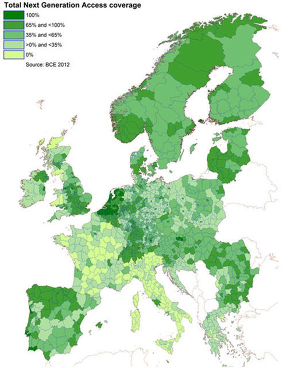 Kartet og underliggende data viser at ved utgangen av 2012 hadde 54 prosent av alle europeiske hjem mulighet for å tegne abonnement på bredbånd i hastighet over 30 megabit per sekund. Det innebærer at over 40 prosent av alle europeere ikke har tilgang til slike hastigheter, mens andre kan velge mellom flere konkurrerende tilbud. Her ser man tydelig hvordan store områder i Frankrike og Italia mangler tilbud på superraskt bredbånd.