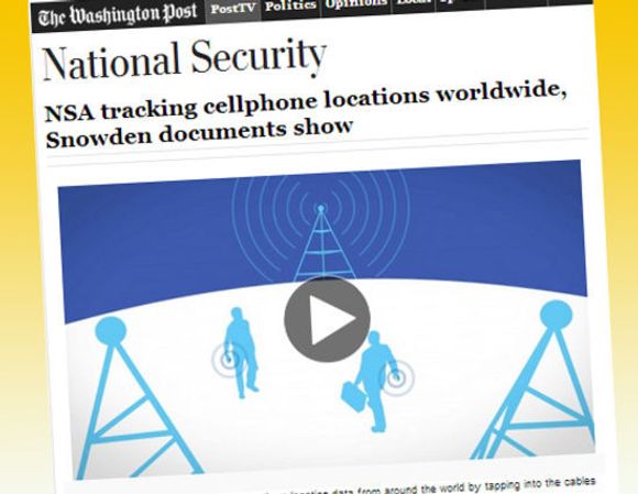 Washington Post bruker animert grafikk for å forklare hvordan NSA henter data fra basestasjoner verden over for å spore flere hundre millioner mobiltelefoner.