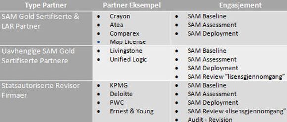 Dette er eksempler på ulike lisenskontroller og partnere Microsoft benytter. Partnerne som er ramset opp i tabellen er bare eksempler, det er mange flere.