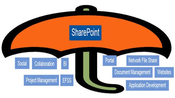 Sharepoint er en paraply for mange tjenester. (EFSS står for Enterprise File Synchronization and Sharing; BI er Business Intelligence.) <i>Bilde: Gartner</i>
