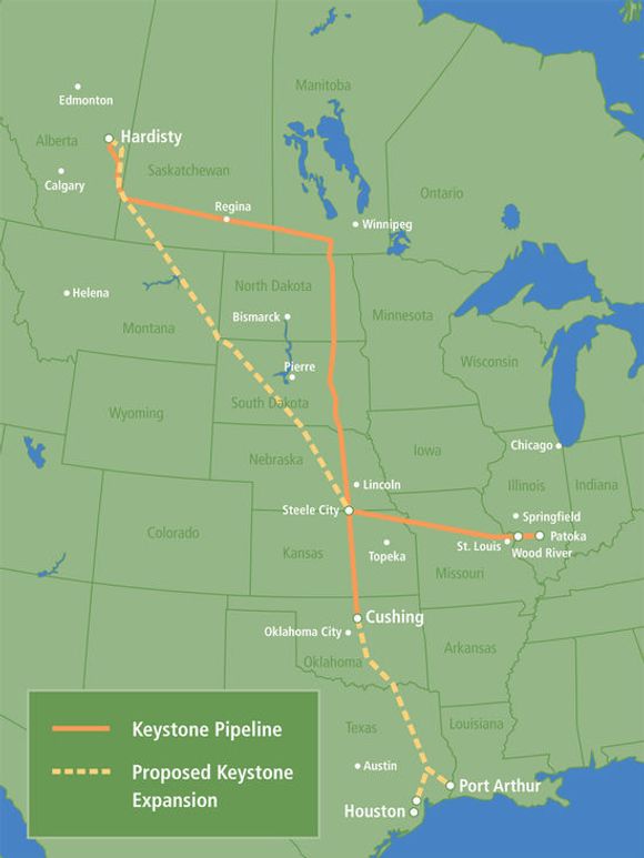 Utvidelsen av Keystone-ledningen, kjent som Keystone XL, er den prikkede linjen på kartet. <i>Bilde: US State Department</i>