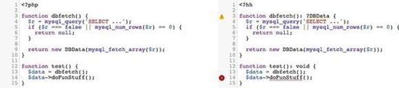 Det samme kodeeksempelet i PHP (tv) og i Hack. Kallet på doFunStuff()-funksjonen i DBData-klassen vil ikke fungere dersom dbfetch()-funksjonen returnerer en nullverdi. <i>Bilde: Facebook</i>