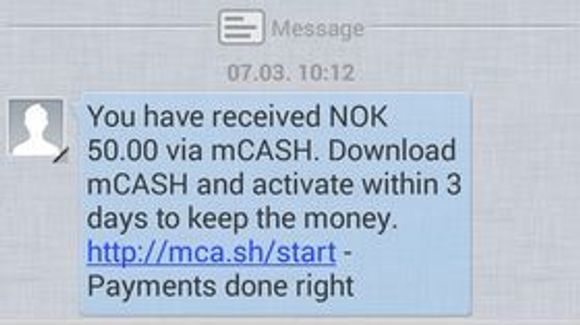Mobilbrukere som ikke har mCash-appen installert vil få en slik SMS med beskjed om en betaling og med en lenke til mer informasjon. <i>Bilde: Harald Brombach</i>
