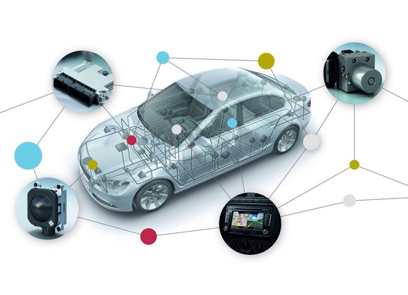 Moderne biler har allerede et omfattende datanett. I framtiden vil dette også kunne kobles til flere sensorer og internett for å gjøre bilkjøringen sikrere og mer effektiv. <i>Bilde: Bosch</i>