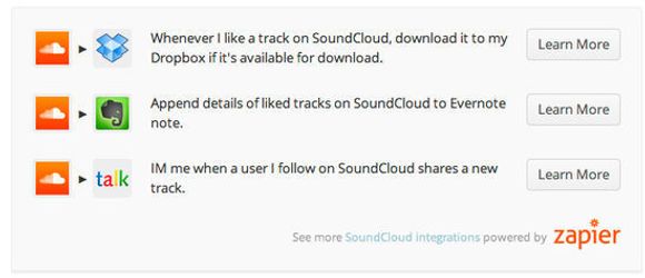 Eksempler på hvordan oppskrifter kan få data fra Soundcloud inn i andre tjenester.