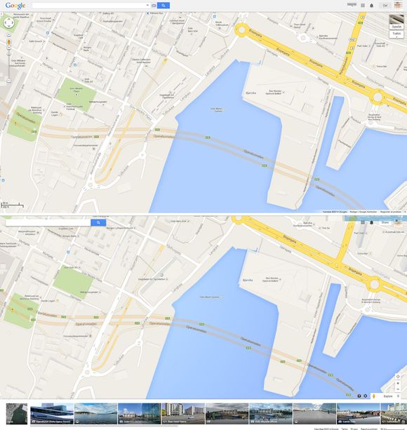 Bjørvika i Oslo vist i gammel og ny utgave av Google Maps. <i>Bilde: digi.no</i>