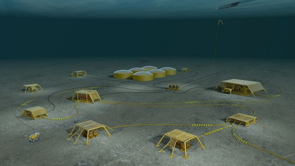 Programvare for analyse av brønnhodene på havbunnen (inne i de gule brønnrammene på denne illustrasjonen) ble prøvekanin for Statoils test av nettskyen. <i>Bilde: Statoil</i>